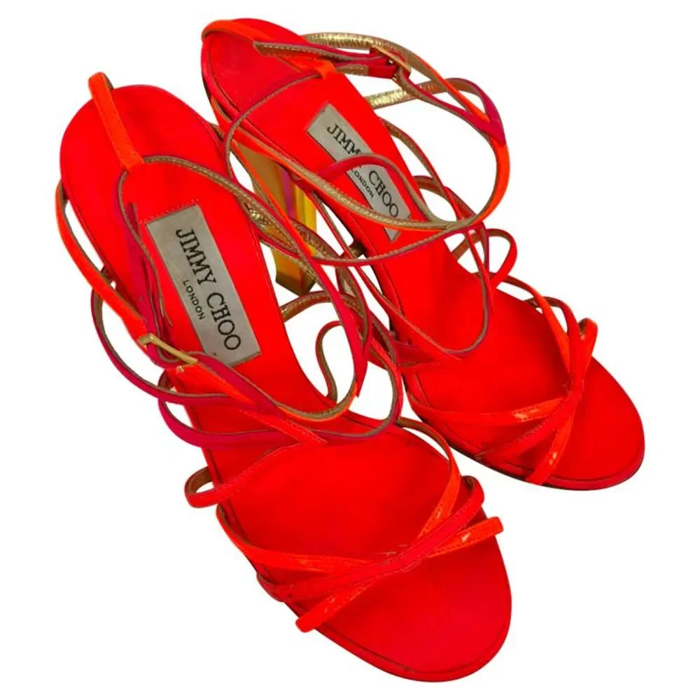 Jimmy Choo Strappy Sandal Heels in Neon Orange and Pink Leather